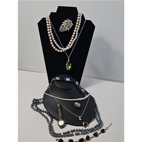 Costume Jewellery Lot With Necklaces, Bracelets, Brooch, Watch
