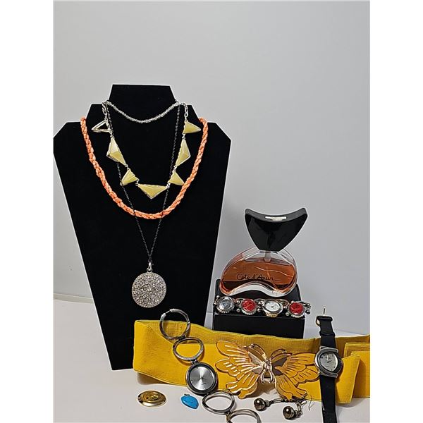 Jewellery and Accessory Lot with Watches, Perfume, and Brooch