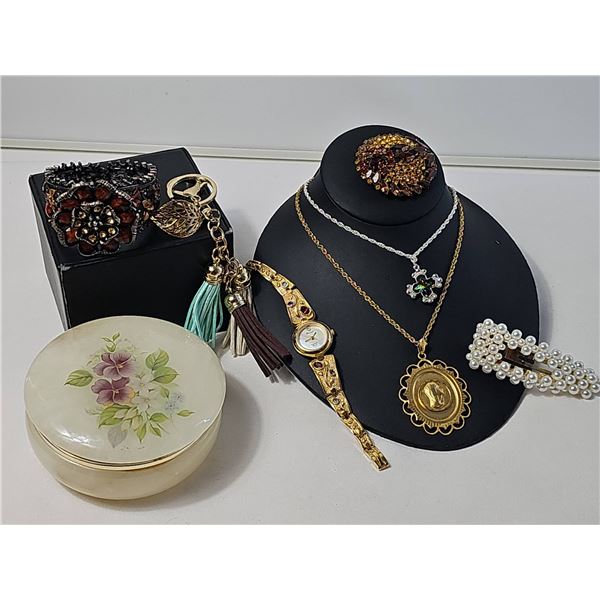 Jewellery Lot: Lucerne Watch, Brooches, Two Necklaces, Bracelet & Trinket Box