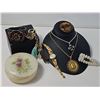 Image 1 : Jewellery Lot: Lucerne Watch, Brooches, Two Necklaces, Bracelet & Trinket Box