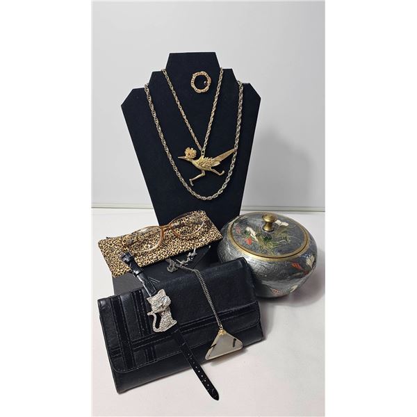 Costume Jewellery, Eyeglasses, Purses, and Lidded Bowl