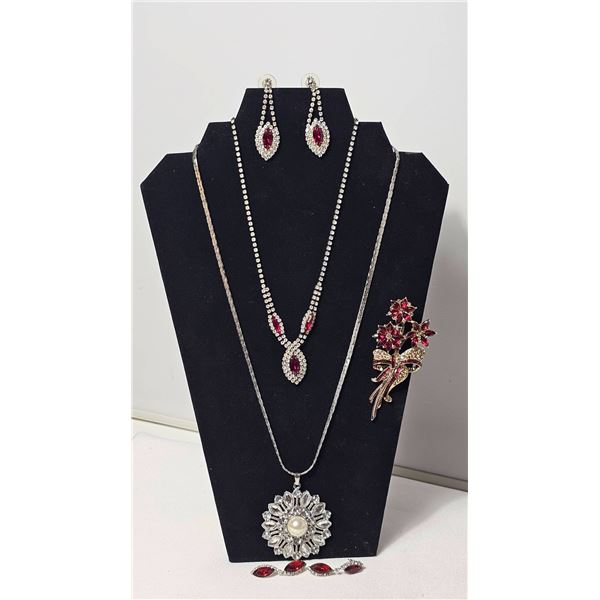 Avon 2013 Brooch, Red Rhinestone Jewelry Set, and Faux Pearl Pendant