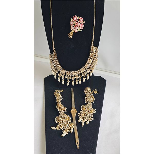 Gold-Tone Kundan Necklace Set, Pink Floral Brooch, and Bulova Quartz Watch
