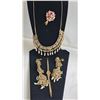 Image 1 : Gold-Tone Kundan Necklace Set, Pink Floral Brooch, and Bulova Quartz Watch