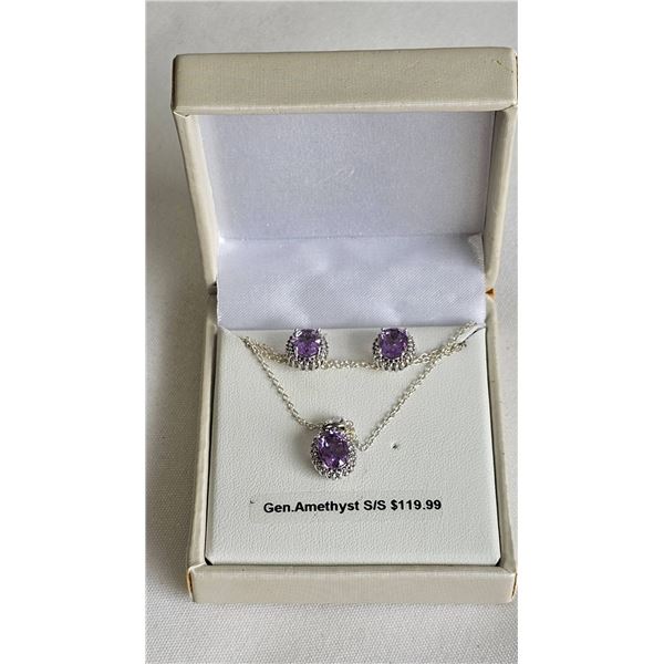 Sterling Silver Amethyst Necklace and Earring Set