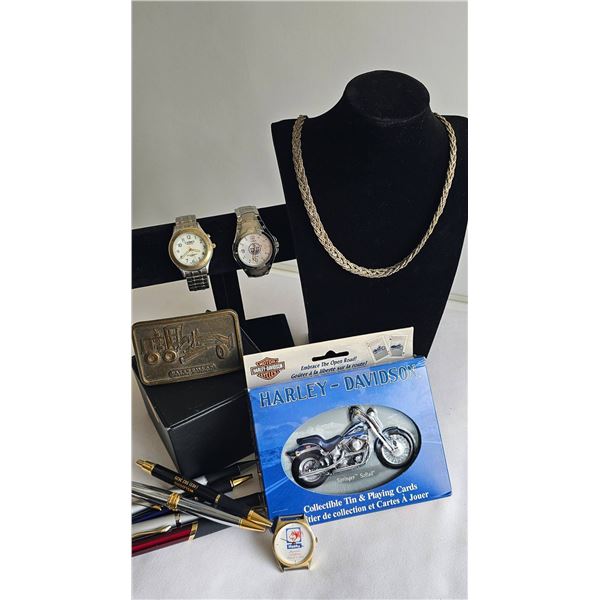 Lot: Watches, Pens, Necklace, Collectibles