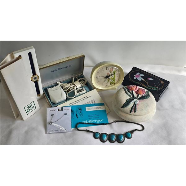 Lot: Lady Remington Razor, Westclox Clock, Watches, Jewellery, Decorative Boxes