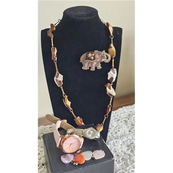 Costume Jewellery Lot: Watches, Elephant Brooch, Beaded Necklace, Stone Pendants