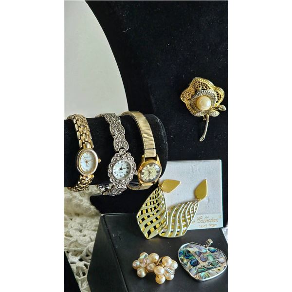 Jewelry Lot: Ladies' Watches, Brooches, Earrings, Pendant