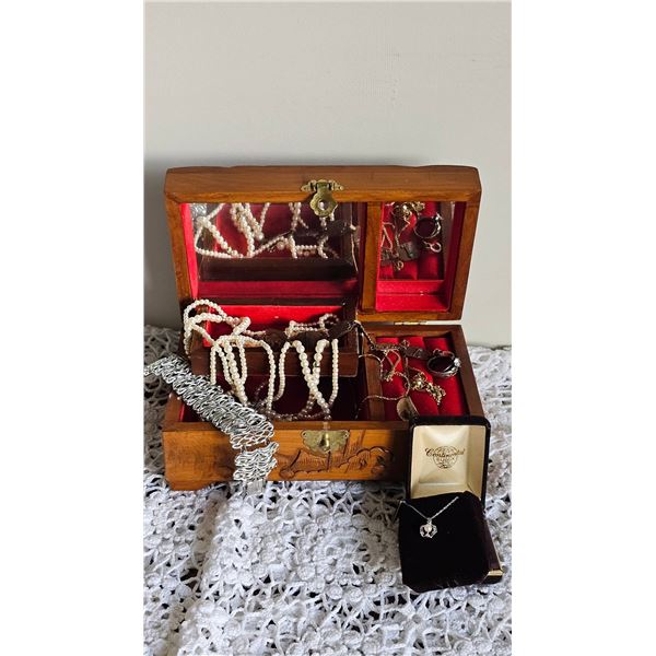 Jewellery Lot With Carved Wood Box, Continental Bijoux Necklace, Pearls, Rings