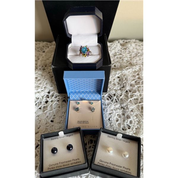 Sterling Silver Jewellery Lot with Gemstones and Pearl Earrings