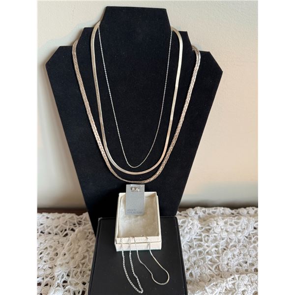 Sterling Silver Necklace Lot, Two Chains, and Argenti Stud Earrings