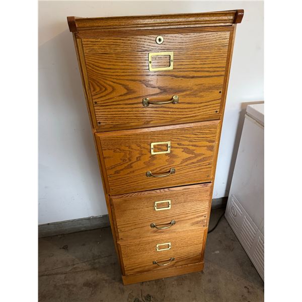 Oak Four-Drawer Vertical Filing Cabinet with Brass Hardware