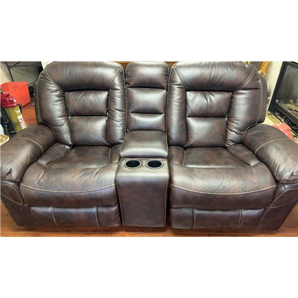 Brown Leather Reclining Loveseat With Central Console