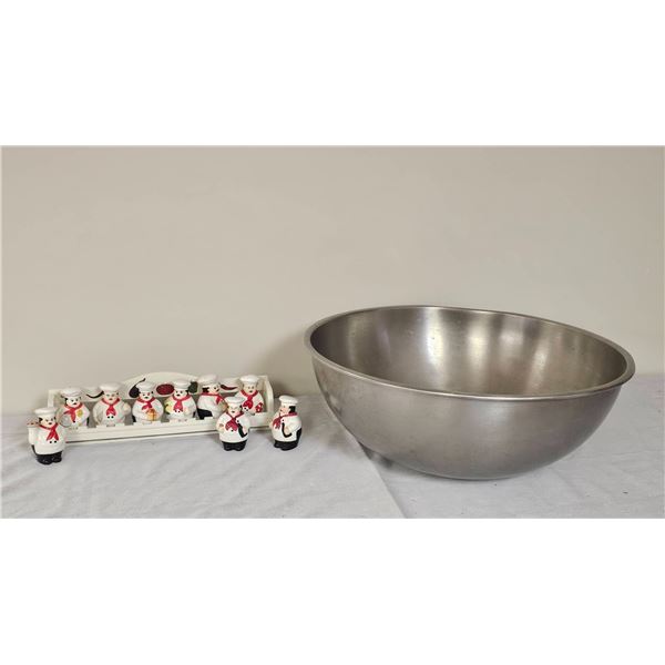 Stainless Steel Mixing Bowl and Chef Themed Spice Jars Set