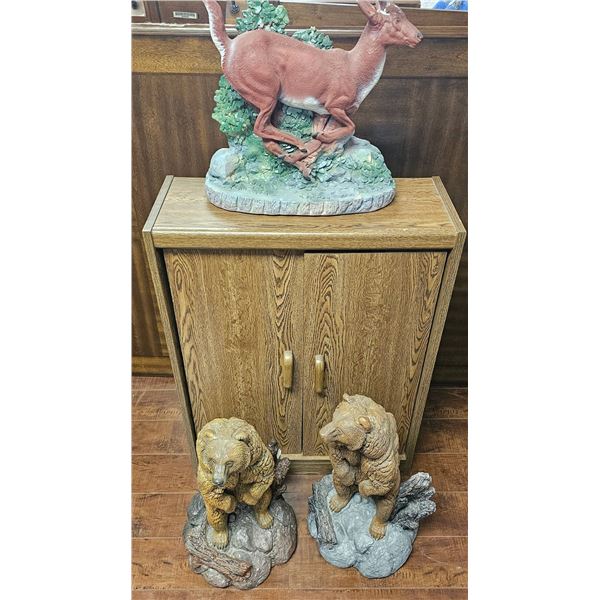 Resin Deer and Bear Statues with Two-Door Wooden Cabinet