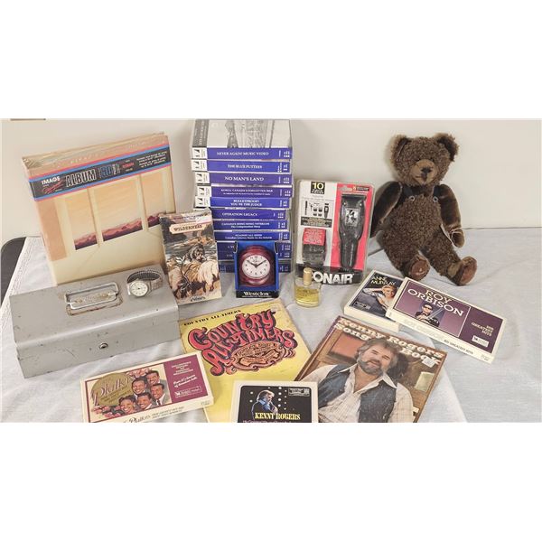 Lot: Tapes, Books, Teddy Bear, Clock, Perfume, Watch