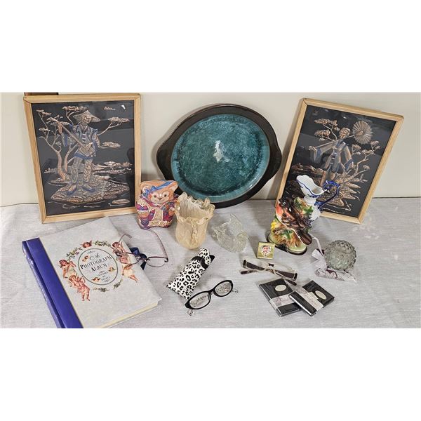 Lot With Framed Art, Signed Plate, Collectibles, and Decor