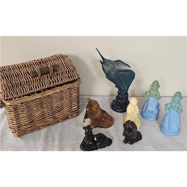 Ceramic Figurines with Wicker Basket