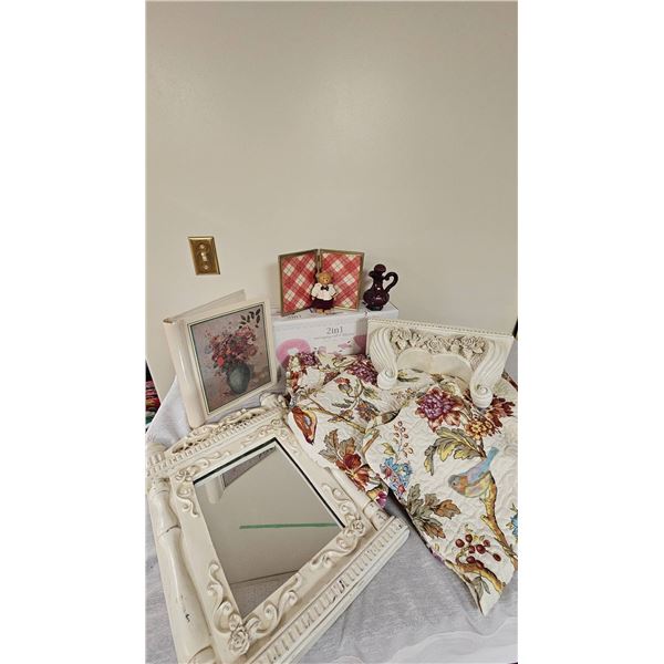 Decorative Lot With Mirror, Art, Bedding, Bear, and Collectibles