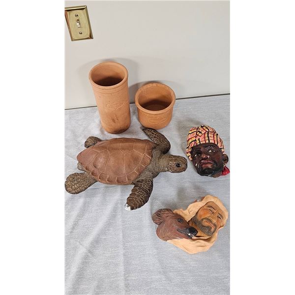 Lot: Clay Turtle, 2 Doulton Lambeth Planters, 2 Wall Masks