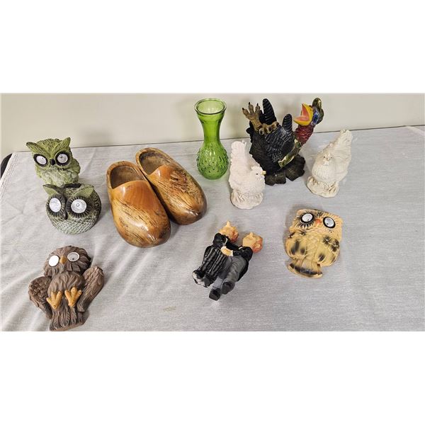 Figurines, Pair of Wooden Clogs, and Green Glass Vase