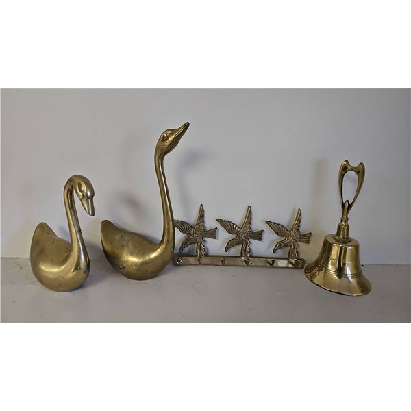 Brass Swan Figurines, Bird Wall Hook and Handbell Lot