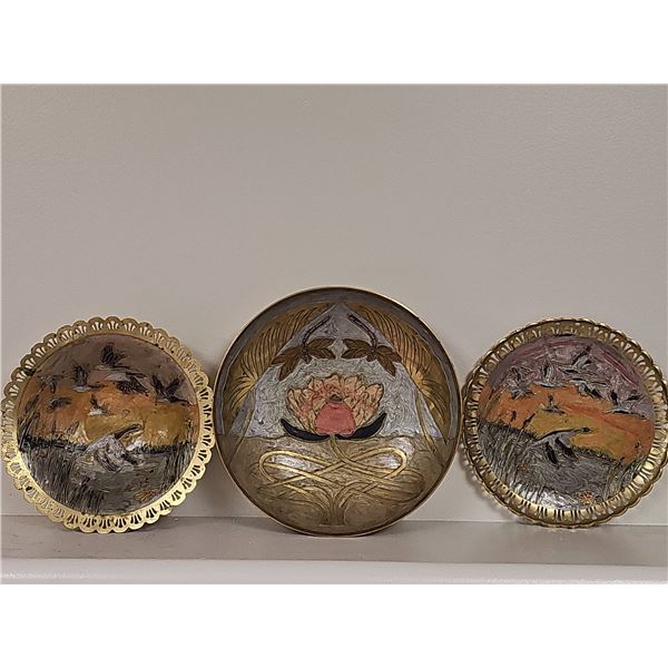 3 Brass Decorative Embossed Plates With Scenic Designs