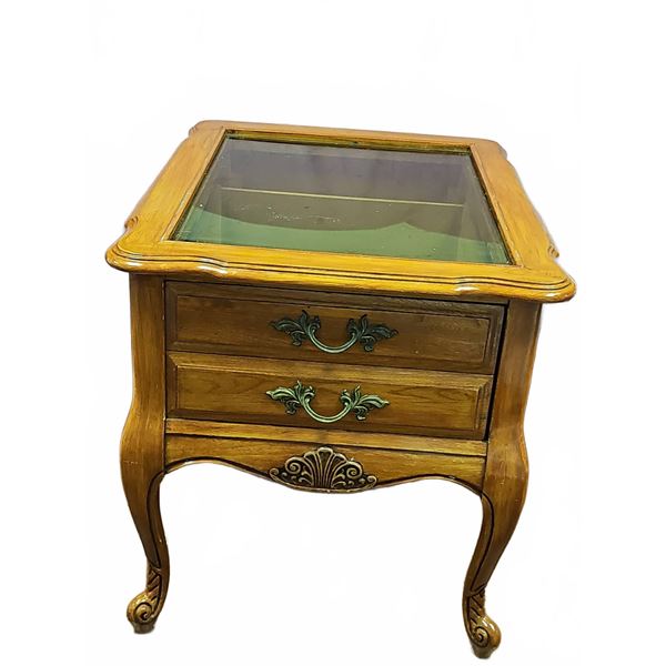 Wood And Glass Display Side Table With Two Drawers