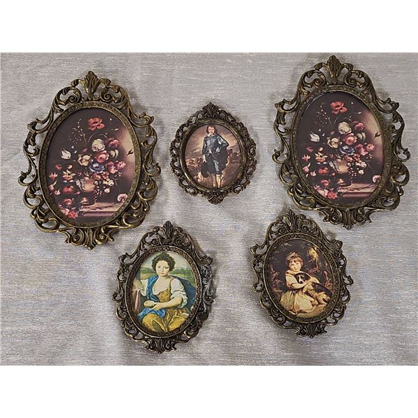 5 Italian Ornate Brass Framed Miniature Art Prints