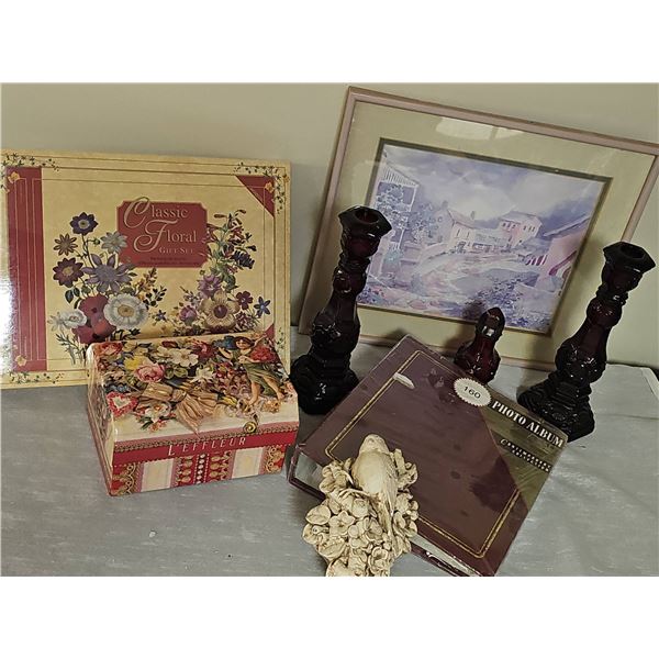 Decorative Gift Set Lot Including Candle Holders, Trinket Box, Framed Print