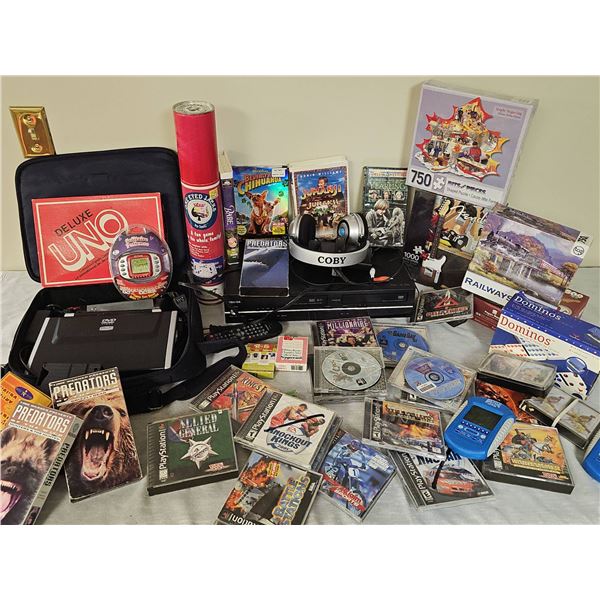Lot: DVD/VHS Player, Portable DVD, Games, Headphones, Books