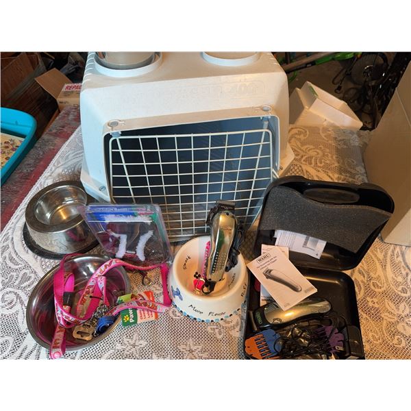 Pet Travel and Grooming Lot With Carrier, Bowls, Clipper Kit