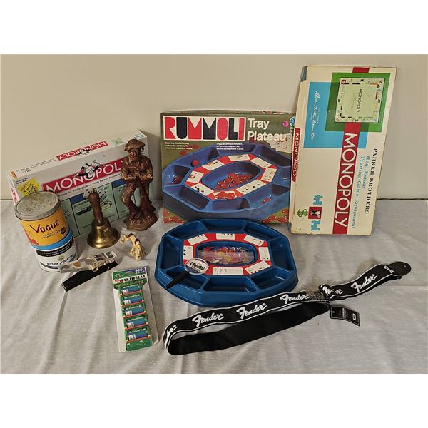 Lot: Board Games, Fujifilm Film, Bell, Guitar Strap, Figurines