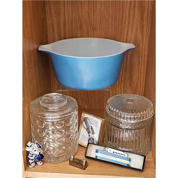 Collection With Pyrex Bowl, Glass Jars, Harmonica, Scissors, Brooch