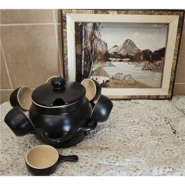 Black Ceramic Fondue Set with 6 Cups and Framed Landscape Art