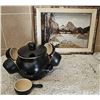 Image 1 : Black Ceramic Fondue Set with 6 Cups and Framed Landscape Art