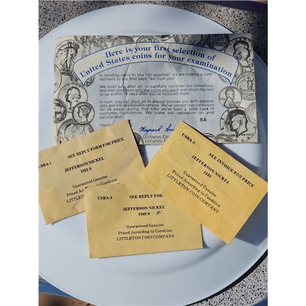3 Jefferson Nickels (1939, 1949-S, 1951-S) in Littleton Coin Company Envelopes