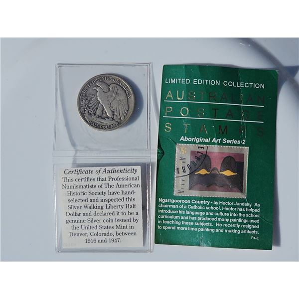 1944-D Silver Walking Liberty Half Dollar and Australian Aboriginal Art Stamp