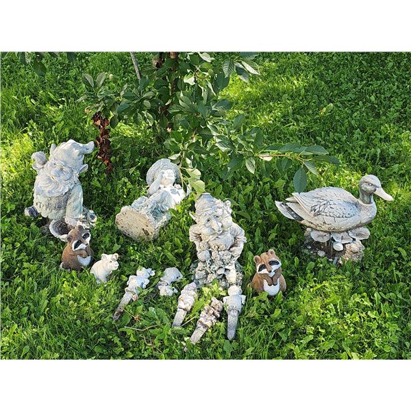 Garden Statues Including Gnomes, Duck, and Animal Figures