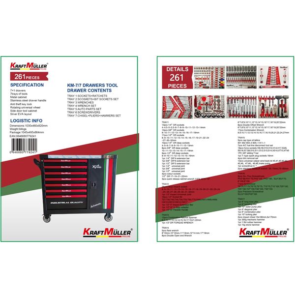L1 - BNIB - Kraft Muller Pro-Line Toolbox & Tool Set - Model: 1616  Italian Flag- 261pc Tools