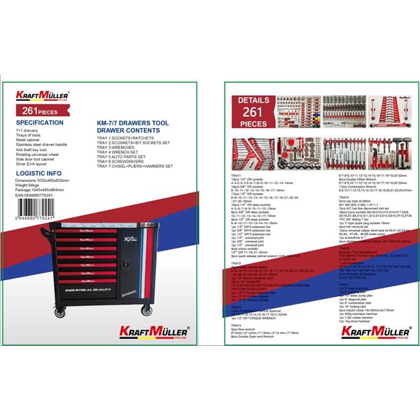 L1 - BNIB - Kraft Muller Pro-Line Toolbox & Tool Set - Model: 1616 French Flag - 261pc Tools
