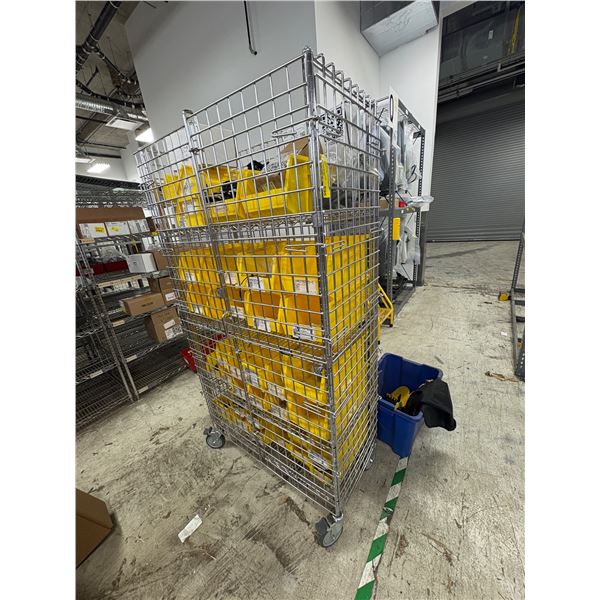 L2 - Uline rolling cage w/ plastic organizers of OEM Tesla parts - Seatbelts, wiring harnesses, etc.