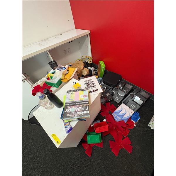 L2 - Large group of office equipment includes: 6 Avaya Office phones, office supplies, and storage o