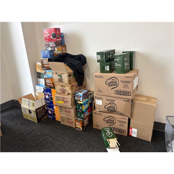 L2 - Group of office breakroom beverage supplies and condiments, featuring bulk coffee, creamer, and