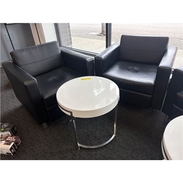 L2 - Pair of Contemporary Black Leather Club Chairs with a Circular Coffee Table with Stainless Stee