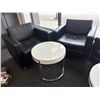 Image 1 : L2 - Pair of Contemporary Black Leather Club Chairs with a Circular Coffee Table with Stainless Stee