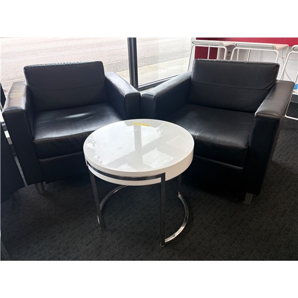 L2 - Pair of Contemporary Black Leather Club Chairs with a Circular Coffee Table with Stainless Stee
