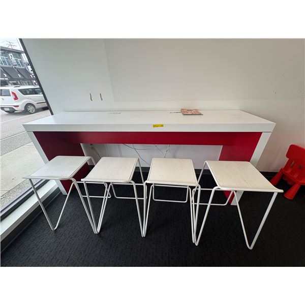 L2 - White and Red Accent Console Table paired with a set of 4 Matching Stools.