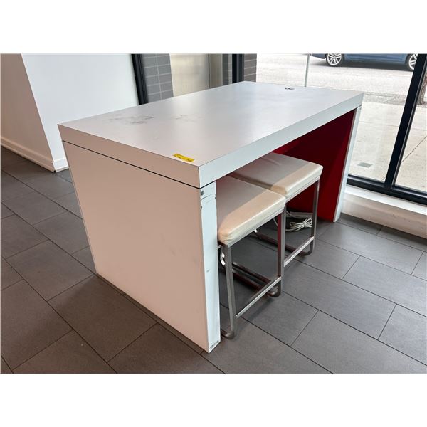 L2 - High-top Counter Table set with a white-and-red design, plus 2 Matching Bar Stools